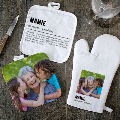 Duo Manique / gant personnalisés de cuisine pour Super Mamie