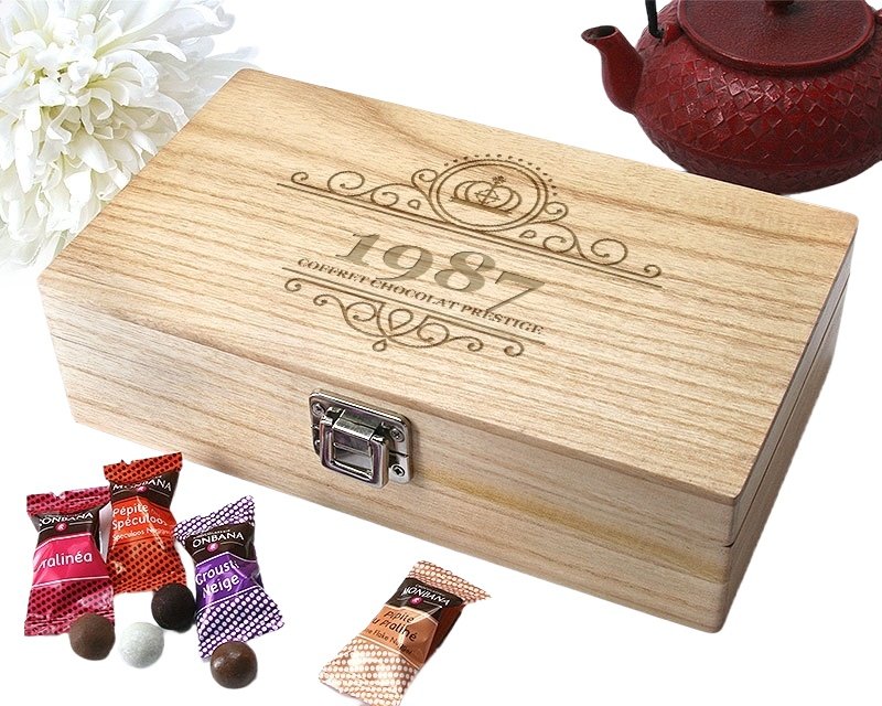 Coffret bois chocolats monbana prénom année 1987