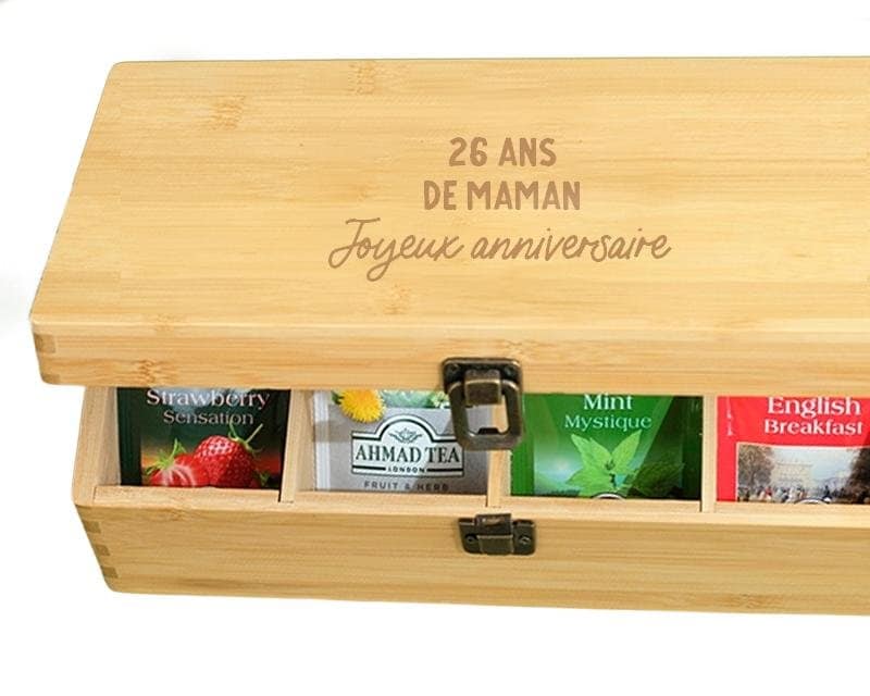 Boîte à thé en bois message maman 26 ans