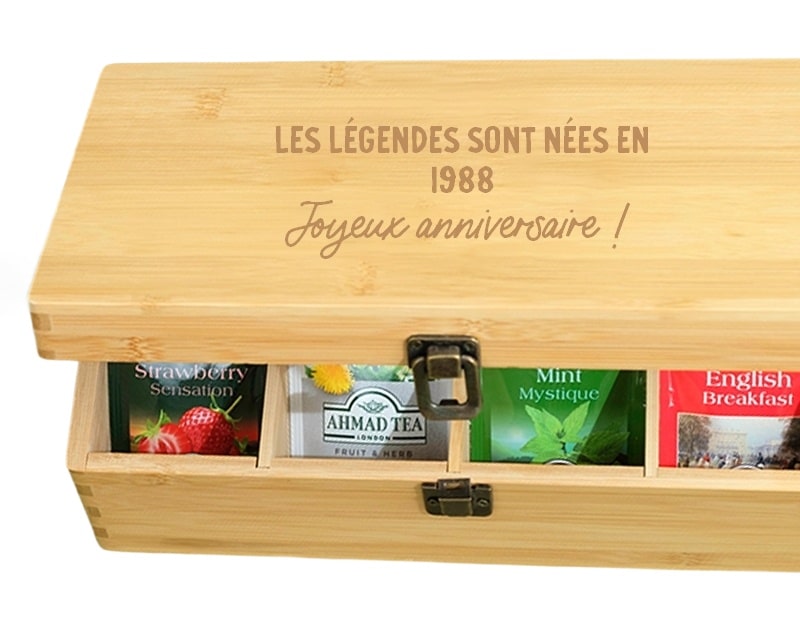 Boîte à thé en bois message générique femme née en 1988