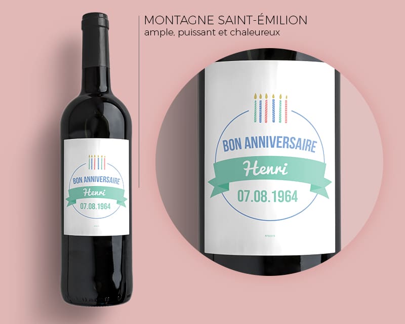 Bouteille de vin de Bordeaux personnalisée anniversaire - Bougies Vert
