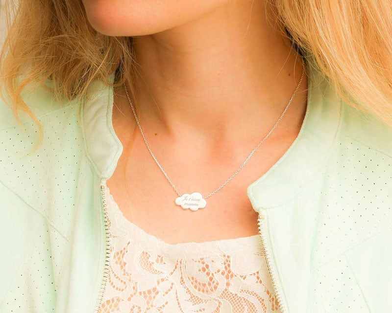 Collier nuage gravé Je t'aime Maman et son miroir personnalisable