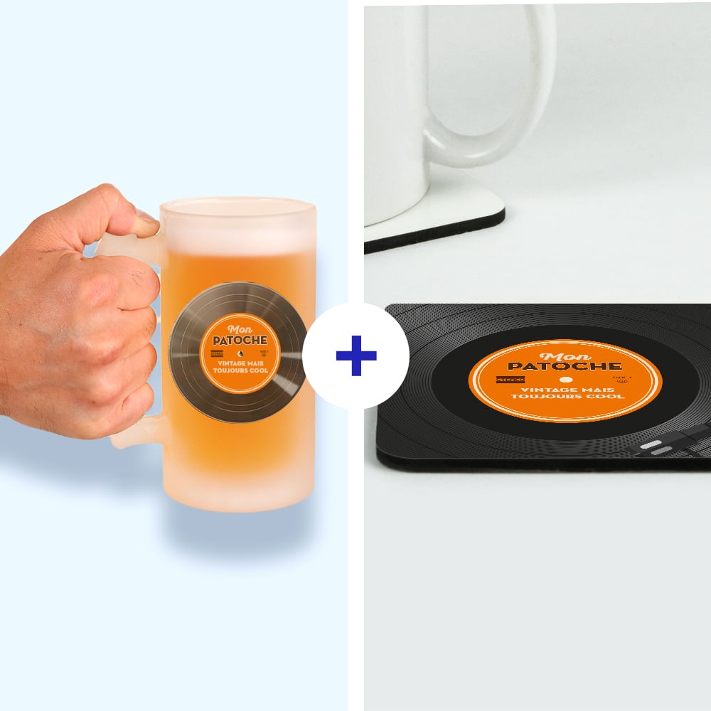 Coffret rétro vinyle - Chope de bière et sous-verres personnalisés