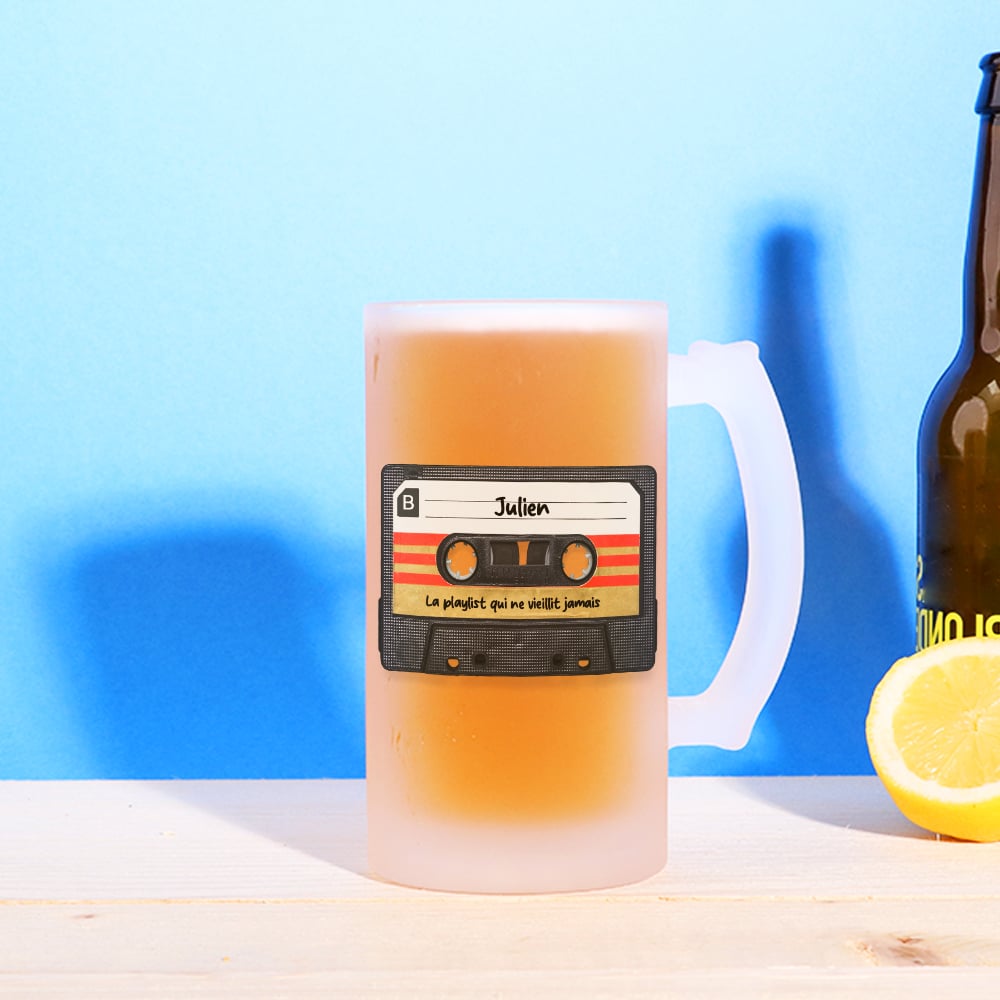 Coffret rétro K7 - Chope de bière et sous-verres personnalisés