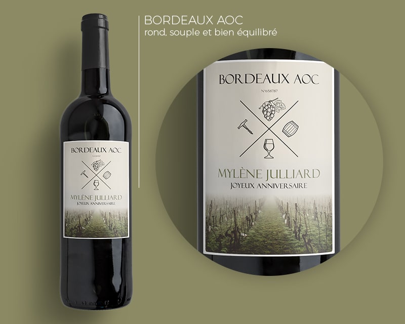 Bouteille de vin de Bordeaux personnalisée message - Vignes