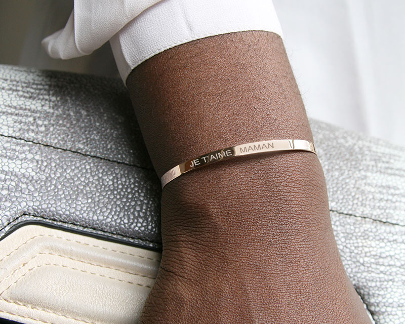 Bracelet Jonc gravé Je t'aime maman Argent rosé et son miroir personnalisable