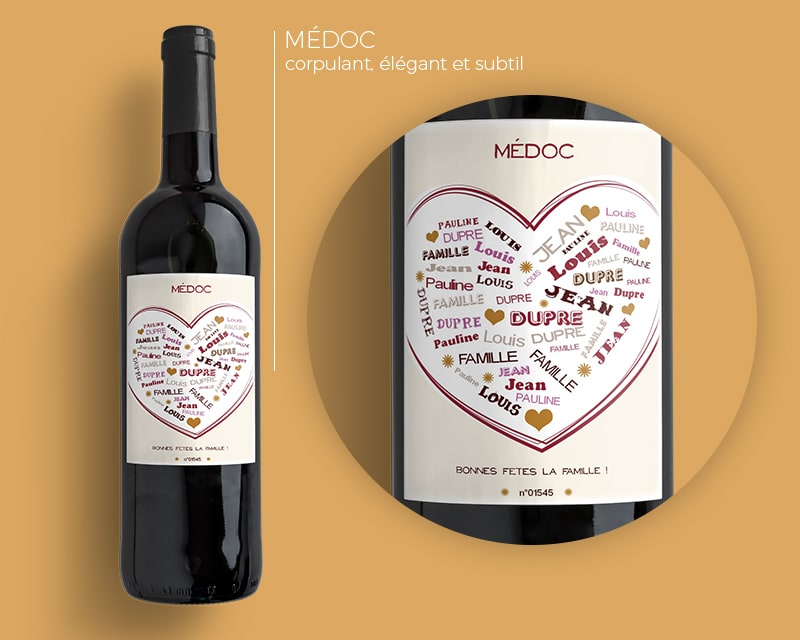 Bouteille de vin de Bordeaux personnalisée prénoms - Coeur Famille