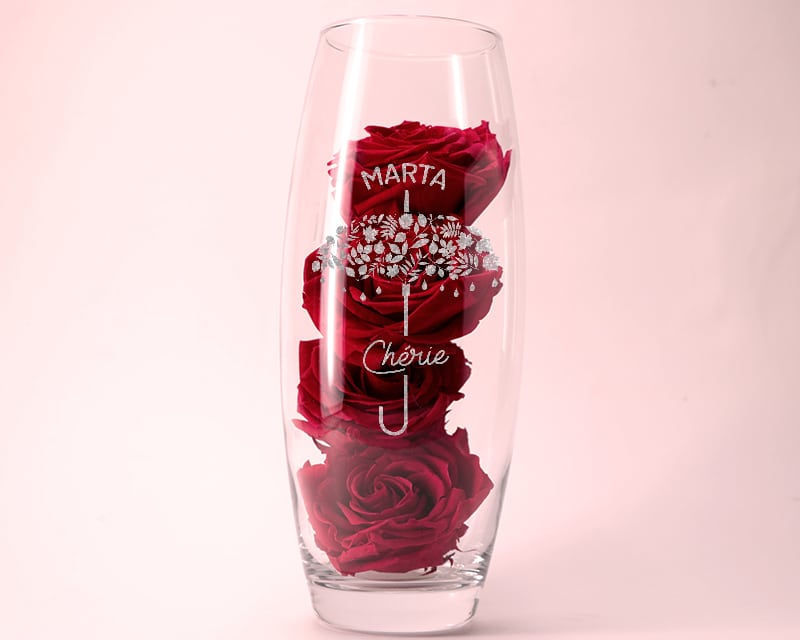 Vase ovale Personnalisable gravé et ses Roses rouges éternelles - Je t'aime