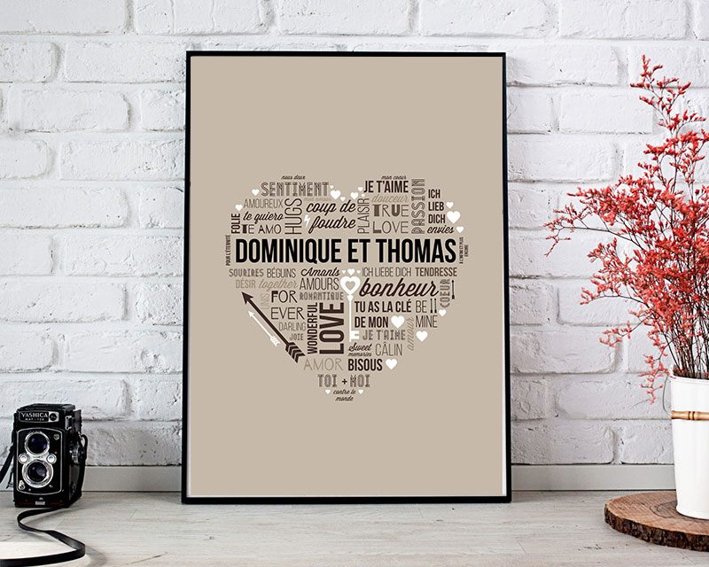 Affiche personnalisée prénoms couple - Mots d'Amour Taupe