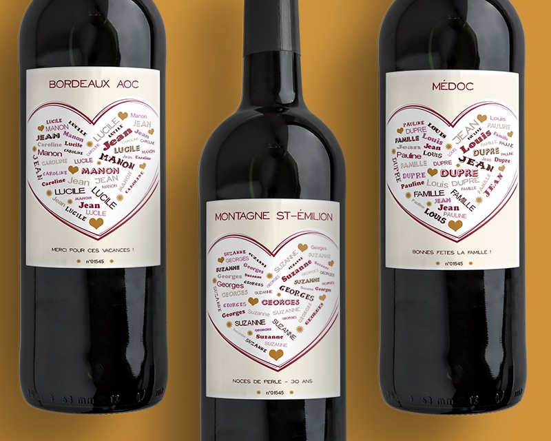 Bouteille de vin de Bordeaux personnalisée prénoms - Coeur Famille