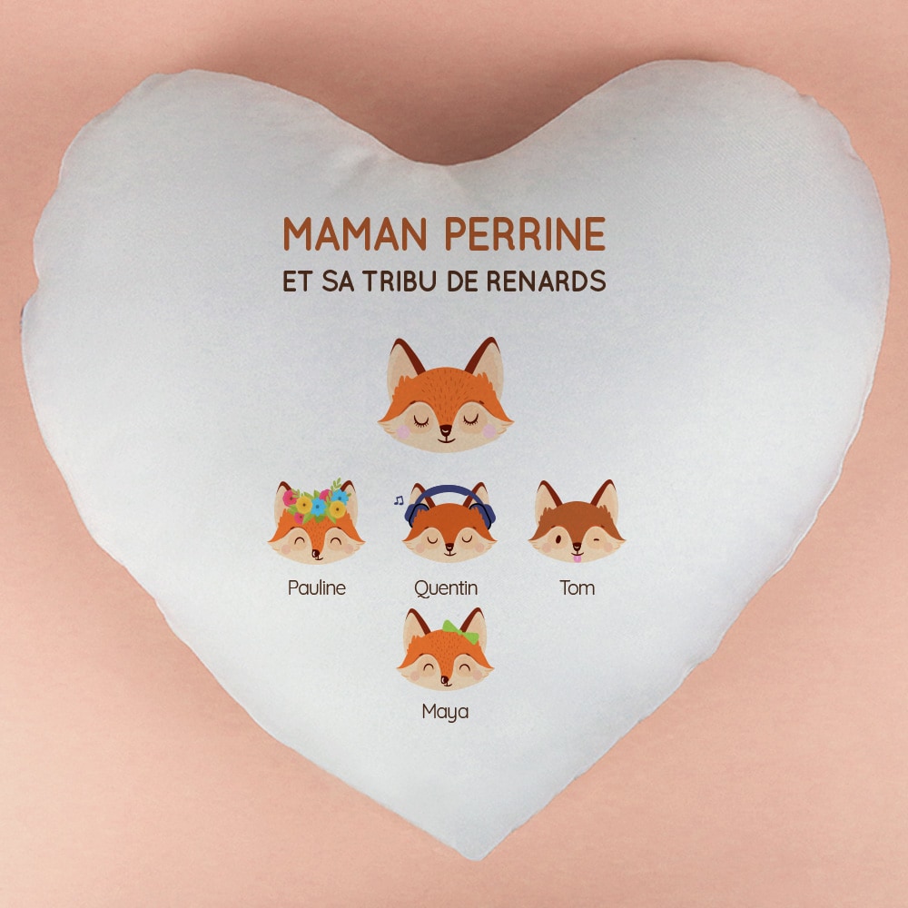 Coussin personnalisé coeur - Maman Renard et sa meute