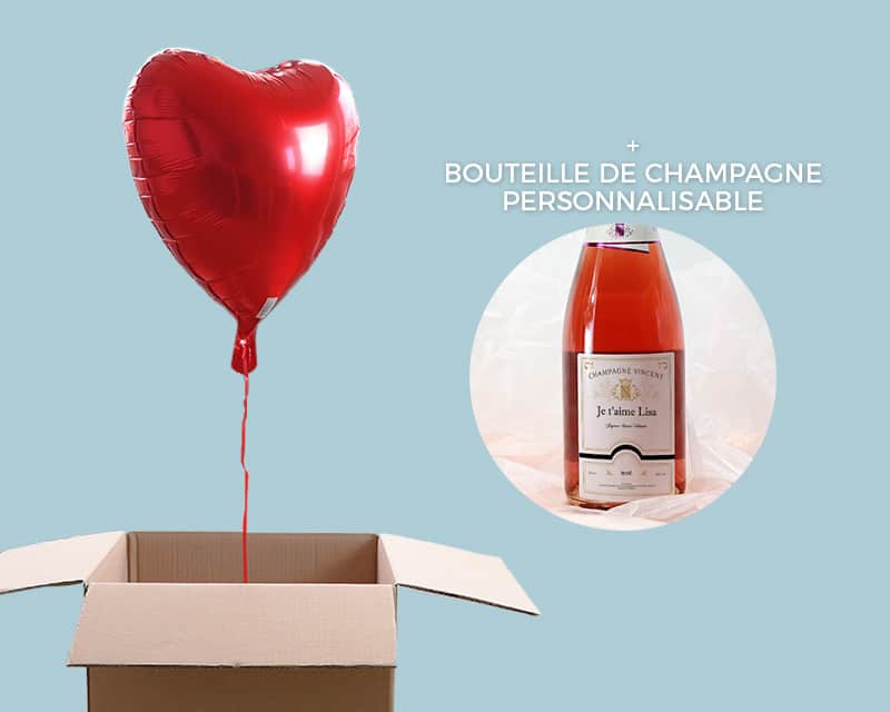 Bouteille de champagne rosé personnalisée couple - Avec ballon cœur hélium